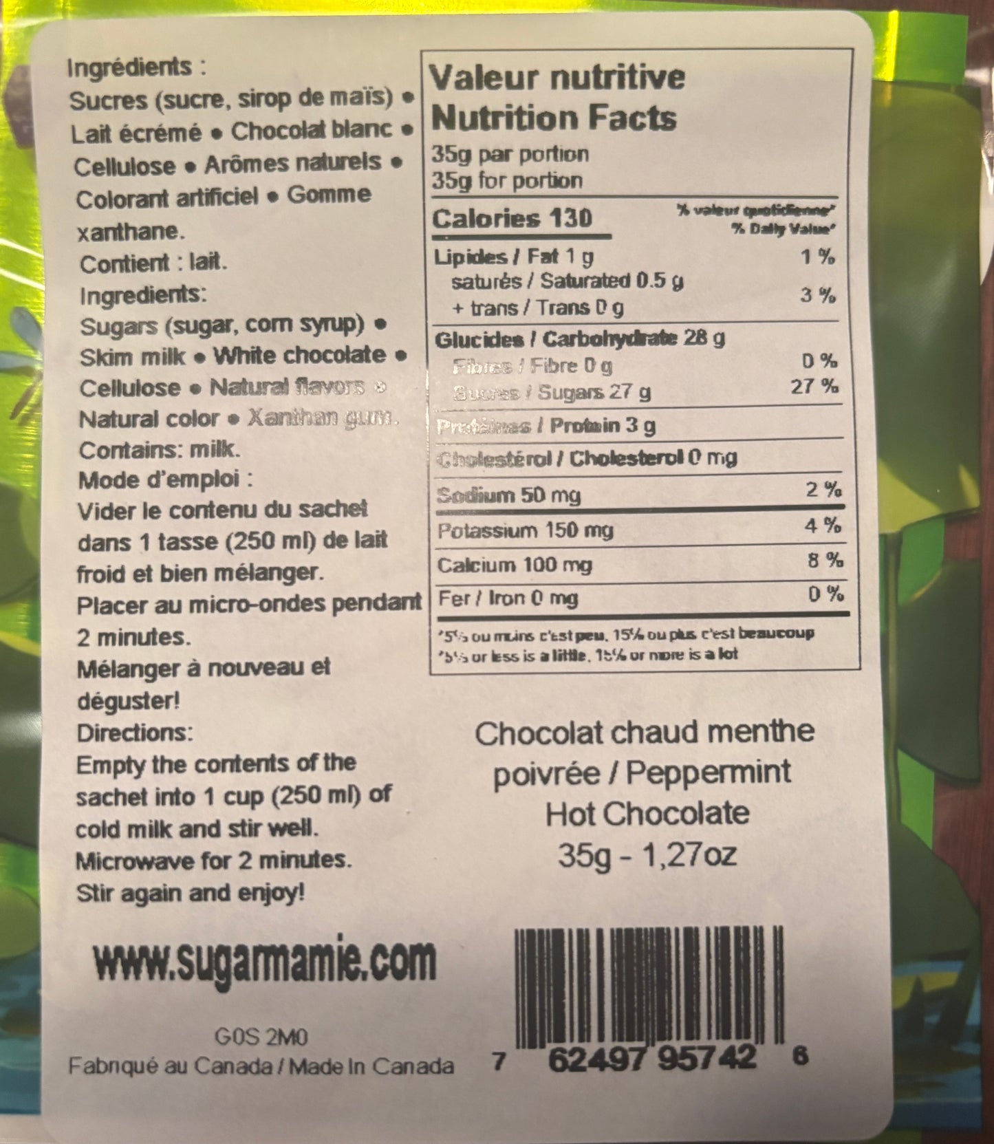 Chocolat chaud menthe poivrée 35g / Peppermint hot chocolate 35g